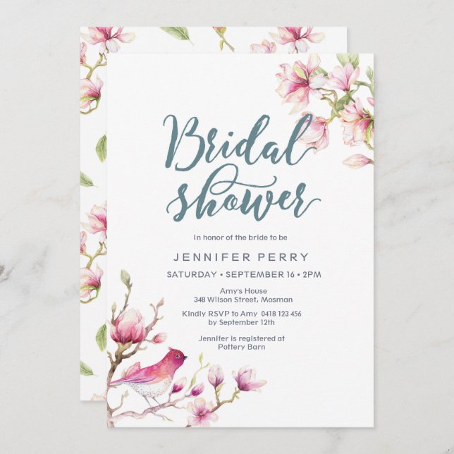 Pink Magnolia Floral Bridal Shower Invitation (Front/Back)
