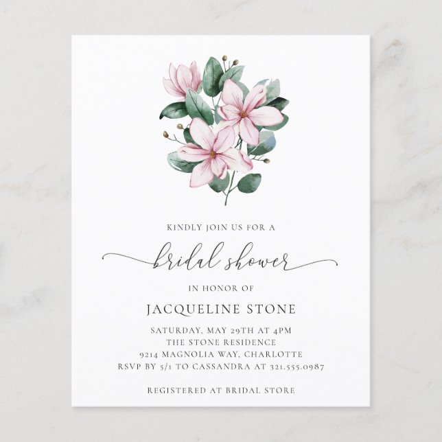 Pink Magnolia Floral Budget Bridal Shower Invite Flyer (Front)