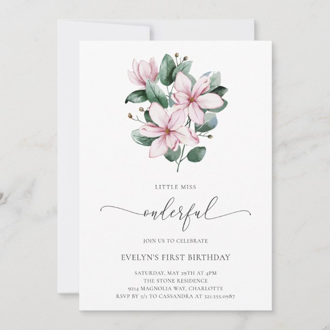 Pink Magnolia Floral Elegant First Birthday Invitation (Front)