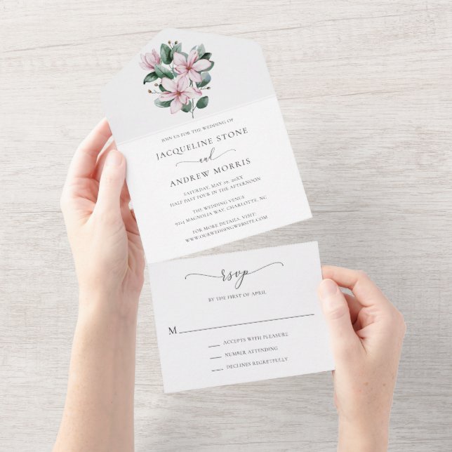Pink Magnolia Floral Elegant Wedding All In One Invitation (Tearaway)