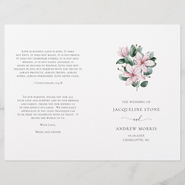 Pink Magnolia Floral Elegant Wedding Program (Front)