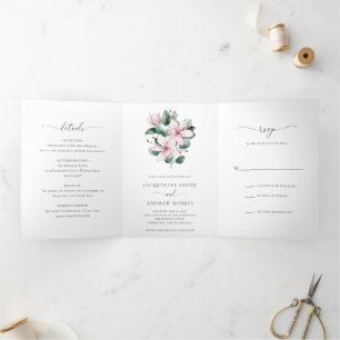 Pink Magnolia Floral Elegant Wedding Tri-Fold Invitation
