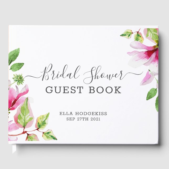 Pink magnolia floral frame guest book (Front)