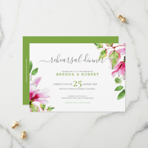 Pink magnolia floral frame rehearsal dinner save the date