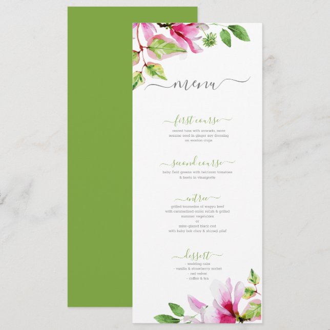 Pink magnolia floral framewedding menu (Front/Back)