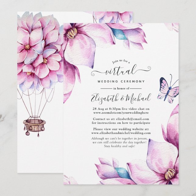 Pink Magnolia Floral Online Virtual Wedding Invitation (Front/Back)