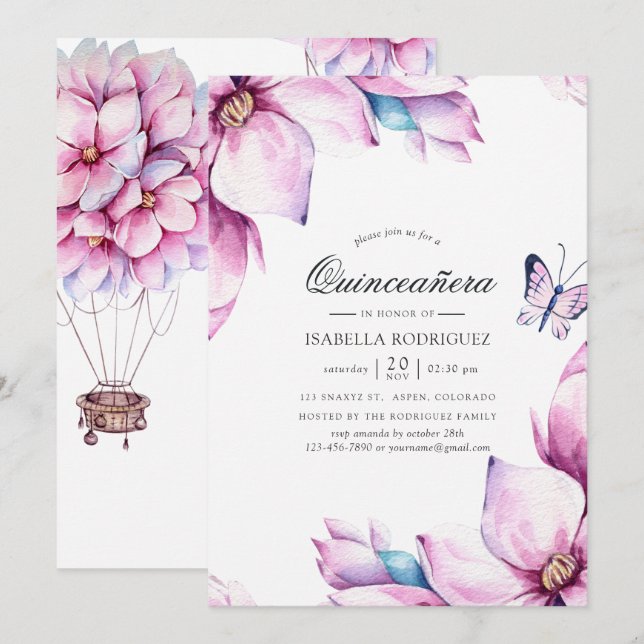 Pink Magnolia Floral Quinceañera Invitation (Front/Back)