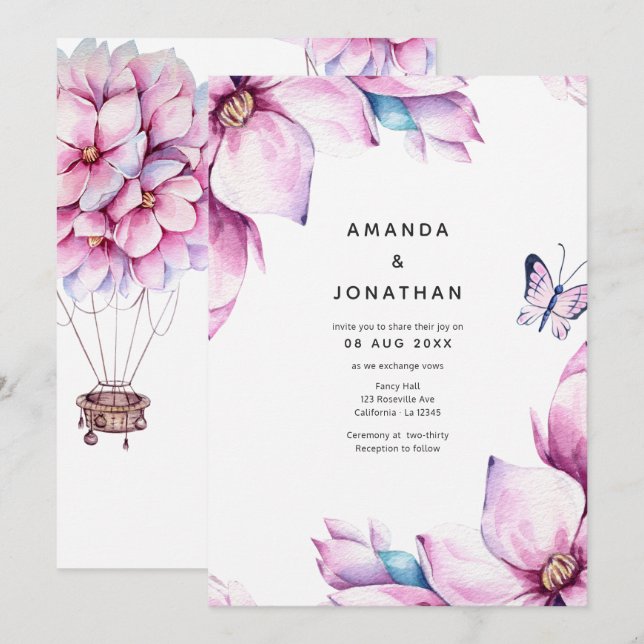 Pink Magnolia Floral Wedding Invitation (Front/Back)