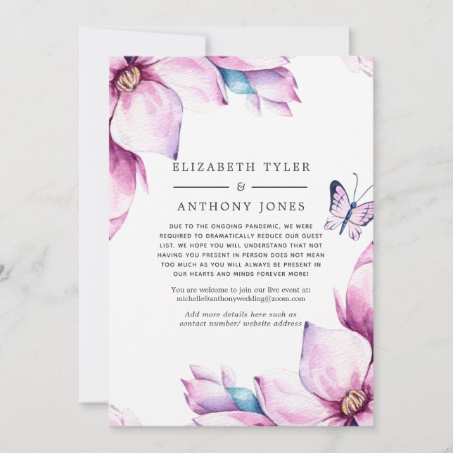 Pink Magnolia Floral Wedding Reduced Guest List Announcement (Front)
