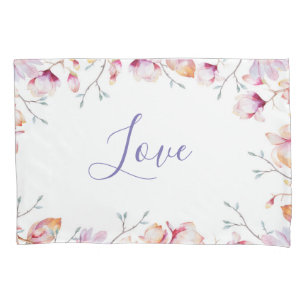 Pink magnolia floral white love pillowcase