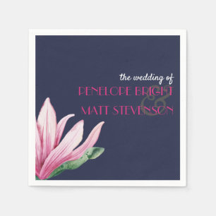 Pink Magnolia Flower Blue Monogram wedding Napkin
