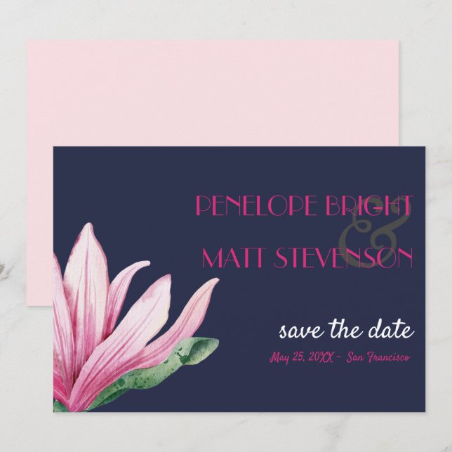 Pink Magnolia Flower Blue WEDDING SAVE THE DATE Invitation (Front/Back)