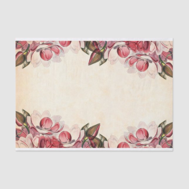 Pink Magnolia Flower Border Parchment Decoupage    Tissue Paper (Front)