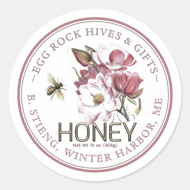 Pink Magnolia Flower Editable Honey Jar Bee Label (Front)