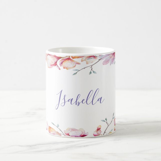Pink magnolia flower frame on white name coffee mug (Center)