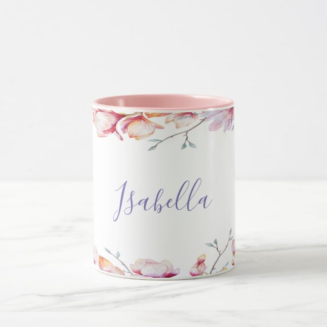 Pink magnolia flower frame on white name mug (Center)