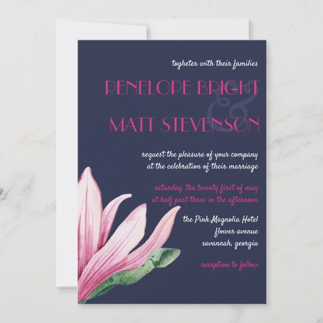Pink Magnolia Flower in bloom | Blue Wedding Invitation (Front)