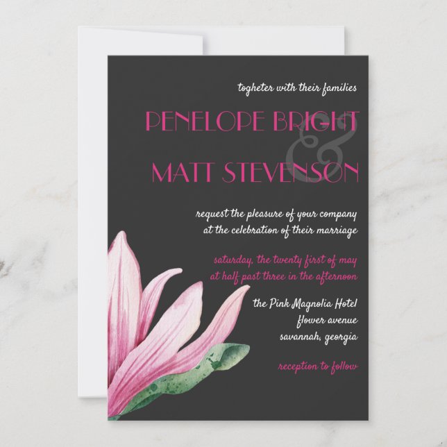 Pink Magnolia Flower in bloom | Grey Wedding Invitation (Front)