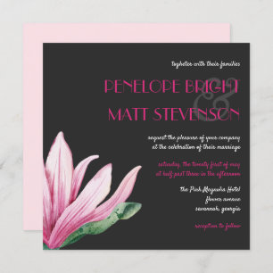 Pink Magnolia Flower In Bloom   Grey Wedding Invitation