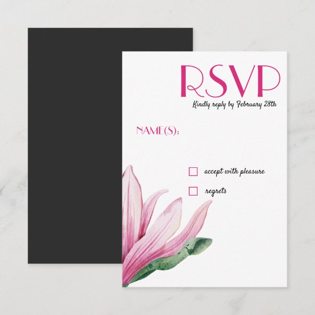 Pink Magnolia Flower in bloom | grey Wedding RSVP Invitation (Front/Back)