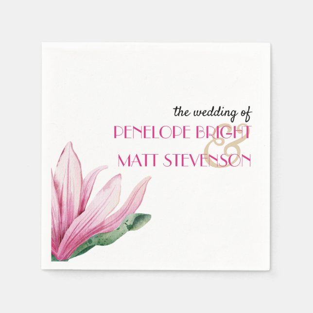 Pink Magnolia Flower in bloom Monogram wedding Napkin (Front)