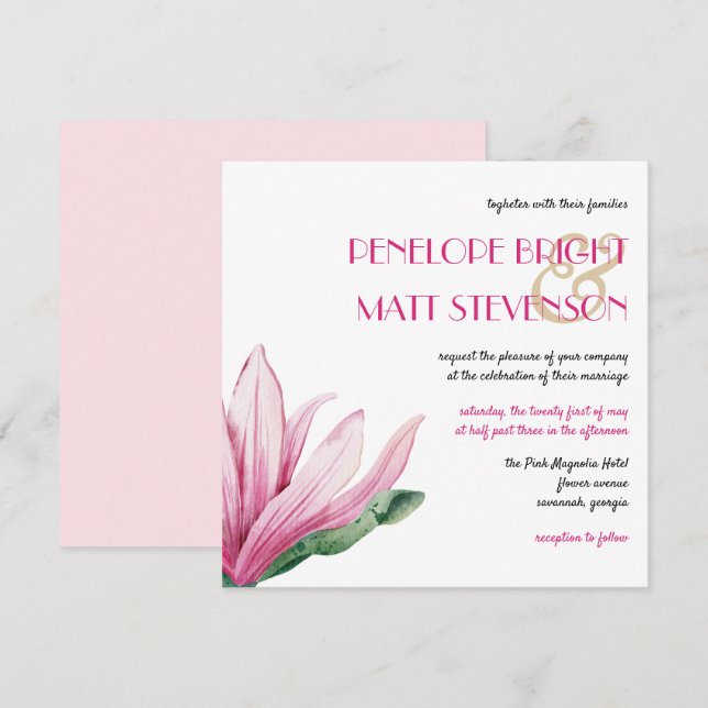 Pink Magnolia Flower In Bloom  Wedding Invitation (Front/Back)