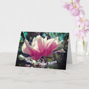 Pink Magnolia Flower Personalised Birthday  Card