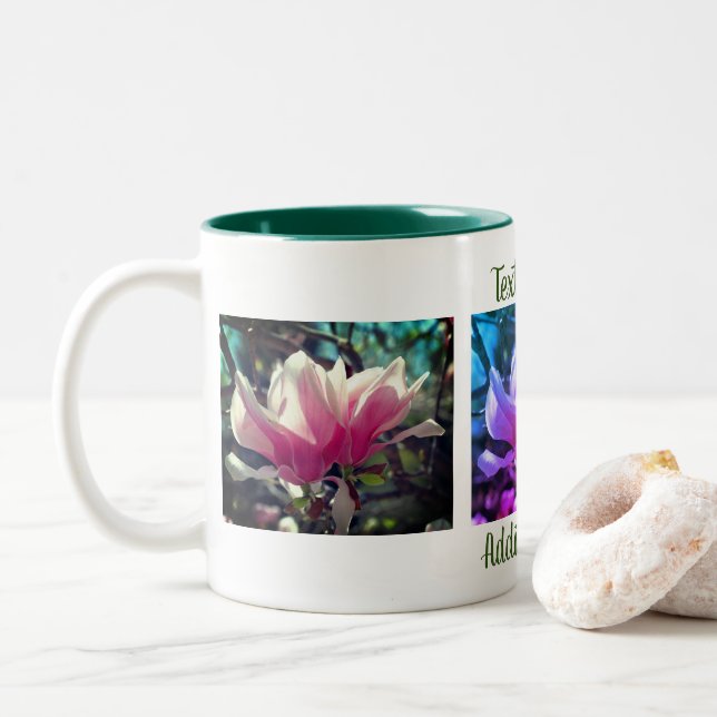 Pink Magnolia Flower Personalised Two-Tone Coffee Mug (With Donut)