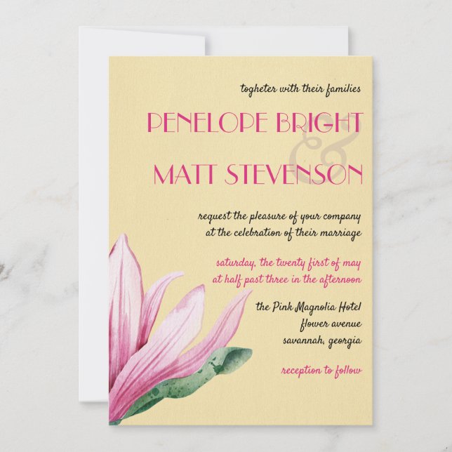 Pink Magnolia Flower | Vintage Paper Wedding Invitation (Front)
