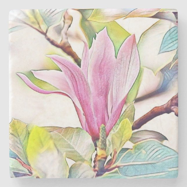 Pink magnolia flower watercolor blue background   stone coaster (Front)