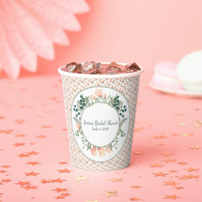 Pink Magnolia Flowers and Greenery Bridal Shower  Paper Cups (Insitu)