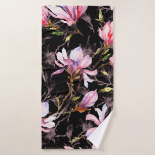 Pink magnolia flowers on a twig pattern bath towel