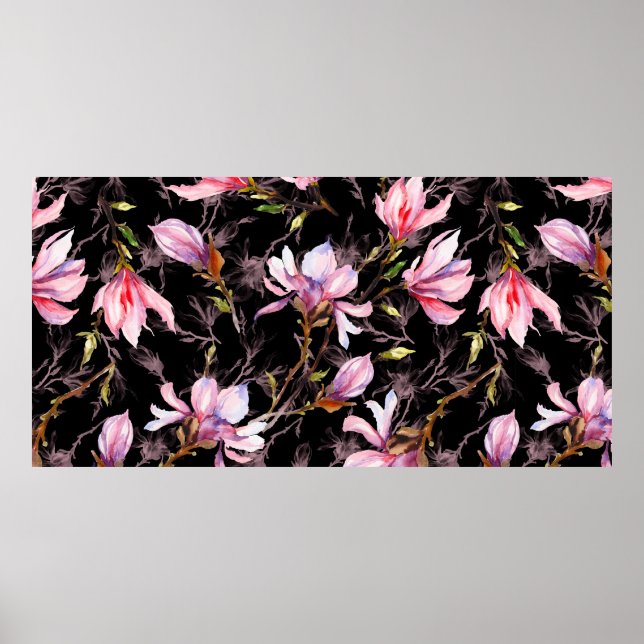 Pink magnolia flowers on a twig pattern poster (Front)