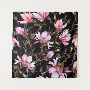 Pink magnolia flowers on a twig pattern tapestry