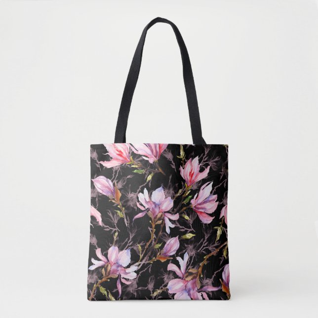 Pink magnolia flowers on a twig pattern tote bag (Front)