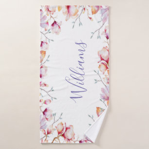 Pink magnolia flowers white name script bath towel set