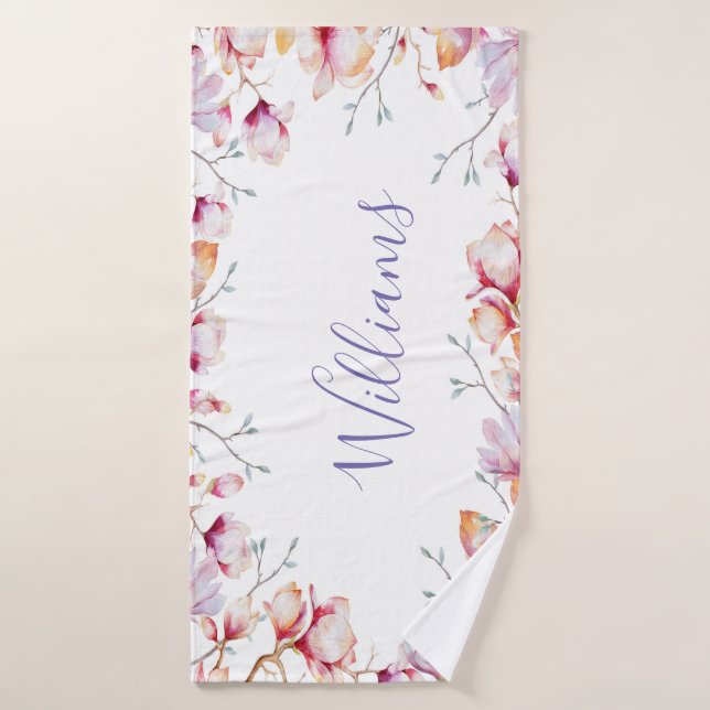 Pink magnolia flowers white name script bath towel set (Bath Towel)