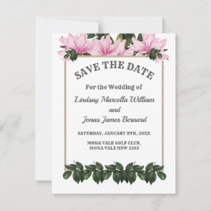 Pink Magnolia Greenery Floral Save The Date Invitation