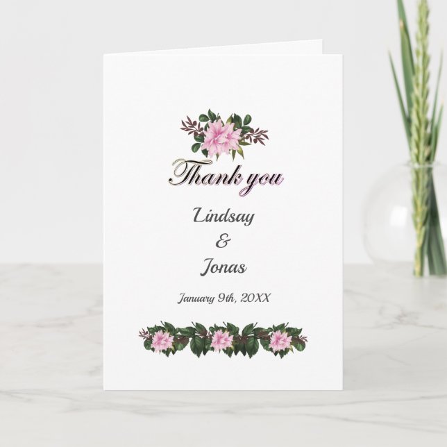 Pink Magnolia Greenery Floral Wedding Thank You Card (Front)