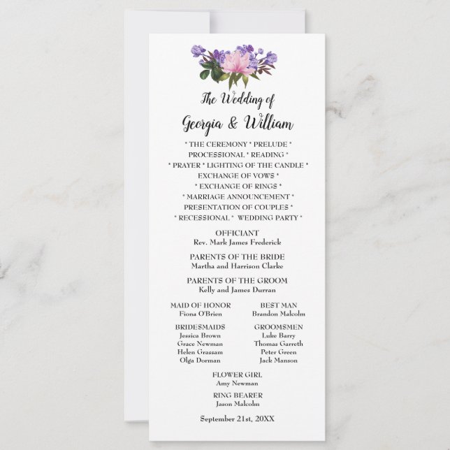 Pink Magnolia Lavender Floral Wedding Menu Card (Front)