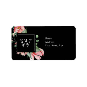 Pink Magnolia Monogram on Black Wedding Address Label