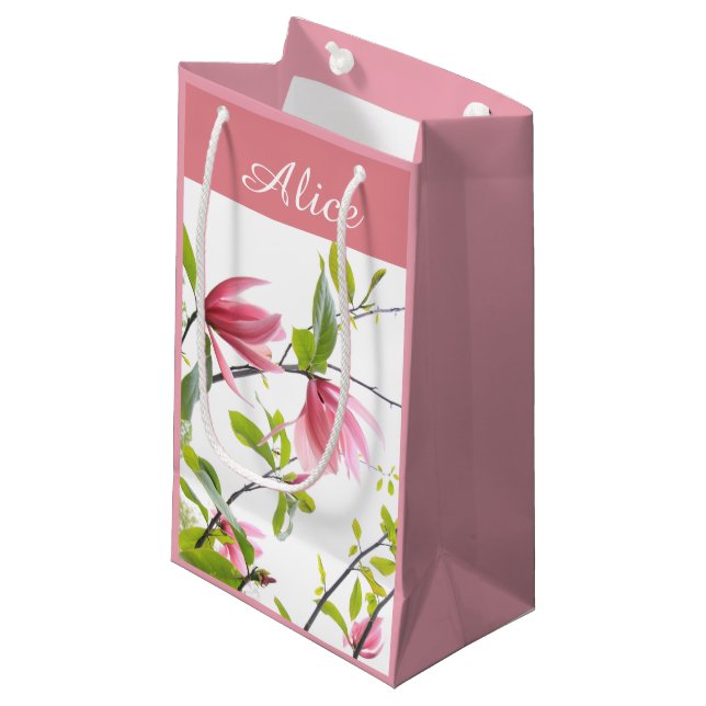 Pink magnolia personalised gift bag (Front Angled)