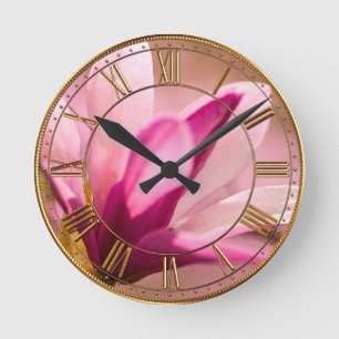 Pink Magnolia Round Clock