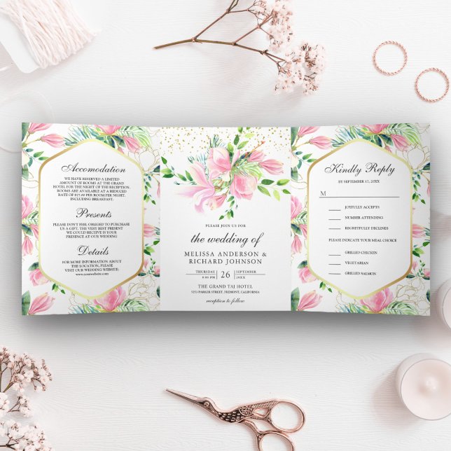 Pink Magnolia Spring Floral All in One Wedding Tri-Fold Invitation (Creator Uploaded)