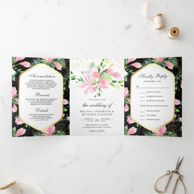 Pink Magnolia Spring Floral Black Wedding Tri-Fold Invitation (Inside)