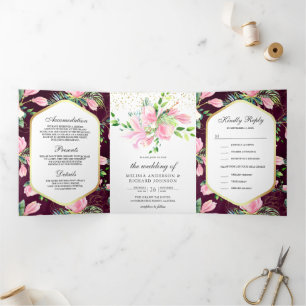Pink Magnolia Spring Floral Plum Purple Wedding Tri-Fold Invitation
