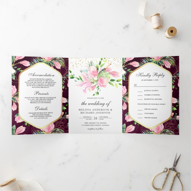 Pink Magnolia Spring Floral Plum Purple Wedding Tri-Fold Invitation (Inside)