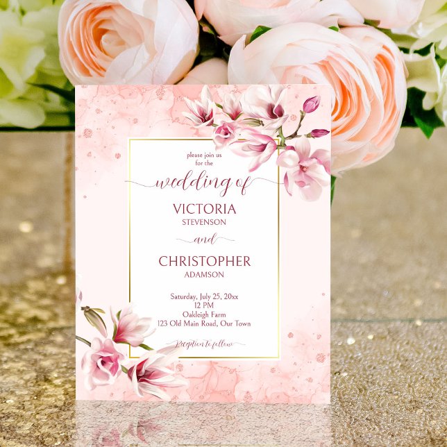 Pink magnolia spring flowers budget wedding invite (Creator Uploaded)