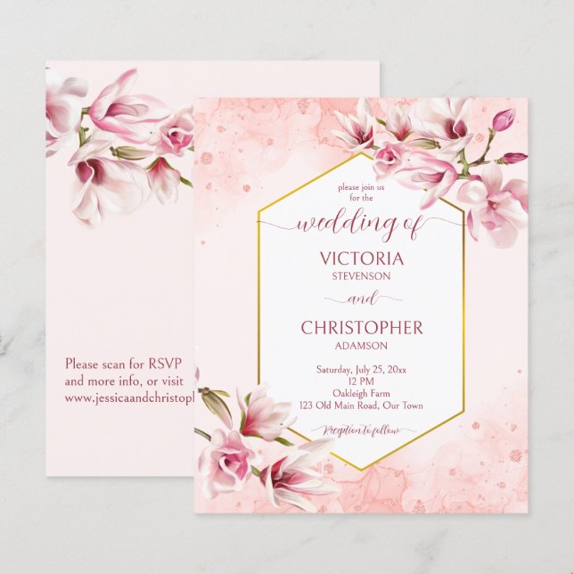 Pink magnolia spring flowers budget wedding invite (Front/Back)