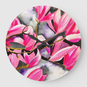 Pink Magnolia watercolor art Large Clock